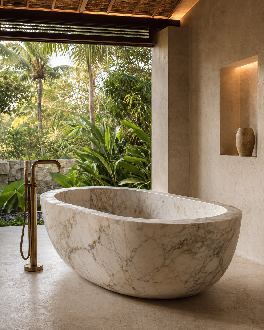 Carved marble soaking tub with sculptural brass plumbing fixture