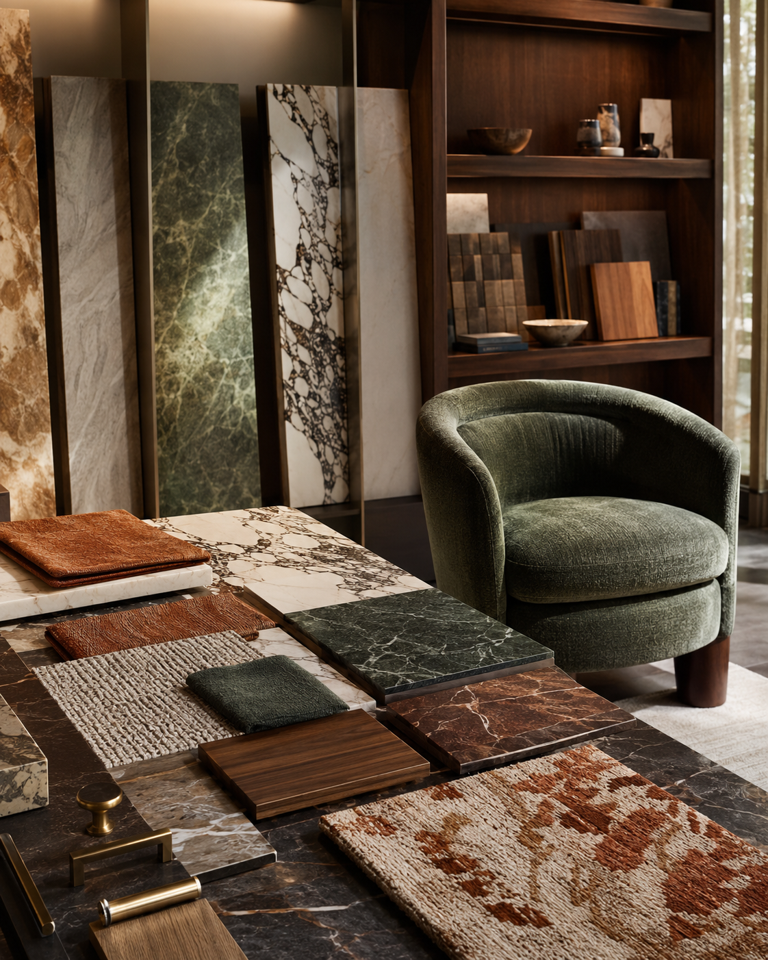 Curated luxury materials including stone, textiles, wood, and artisan hardware
