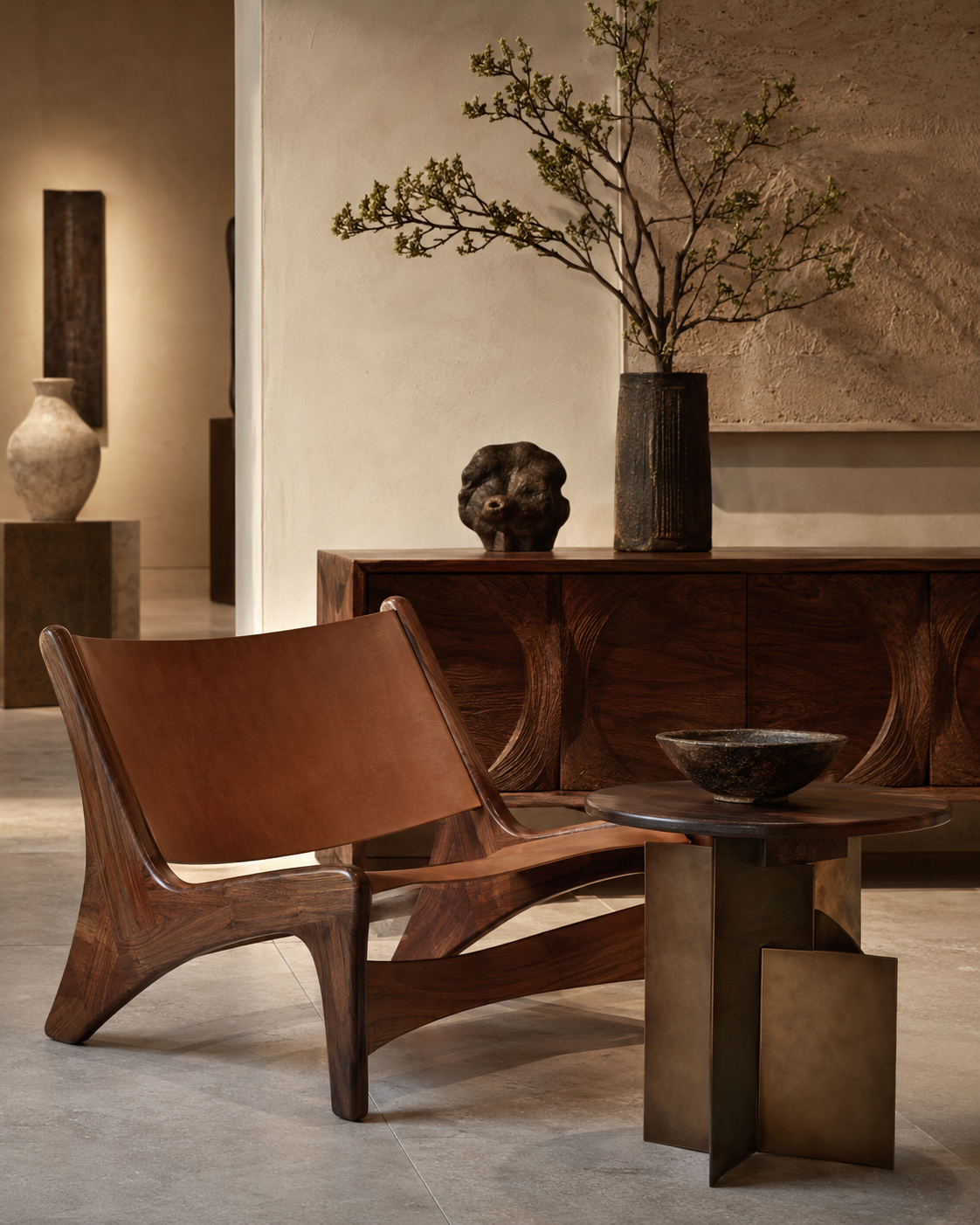 Sculptural walnut and leather furnishings in a luxury gallery