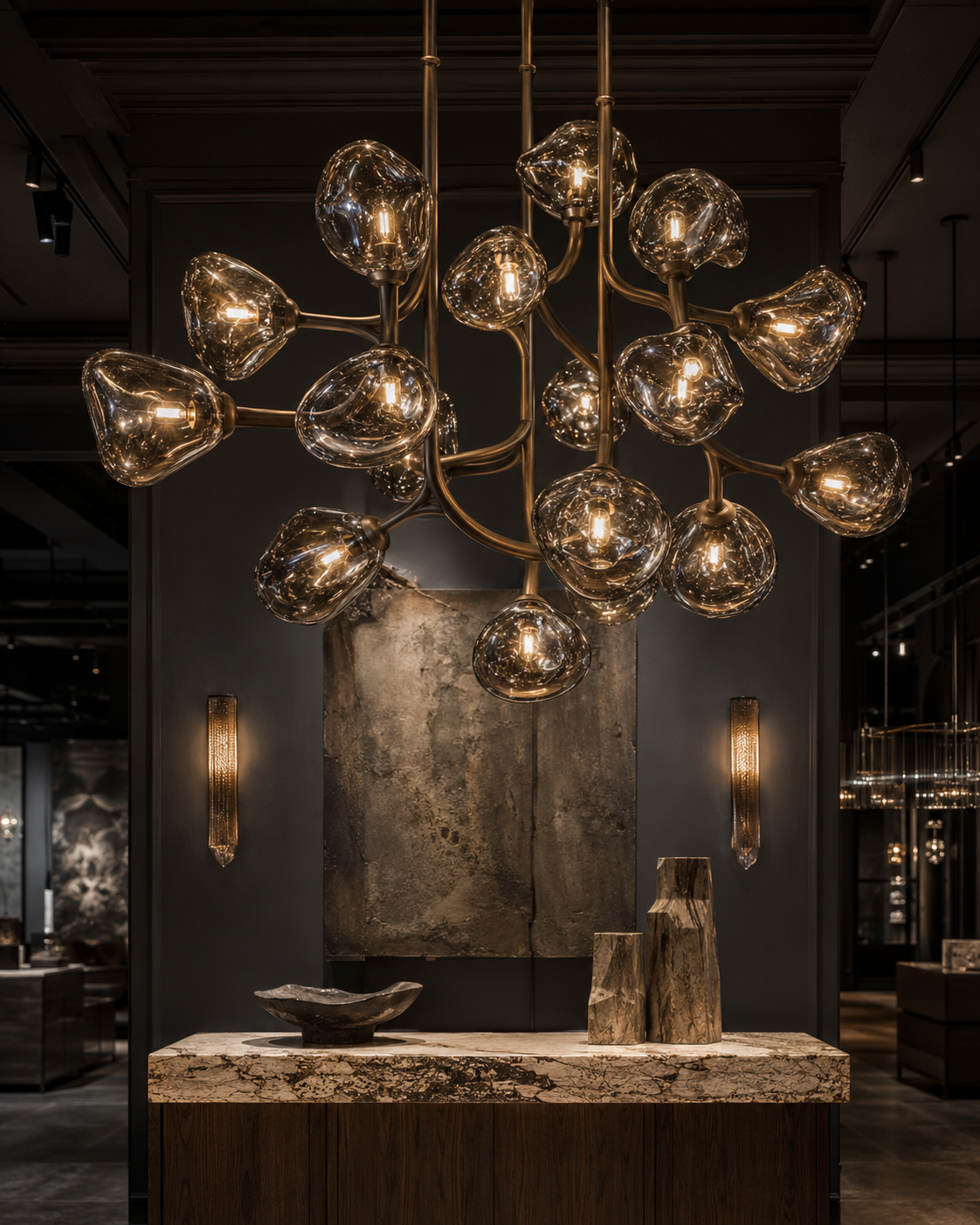Artisanal glass and bronze statement chandelier