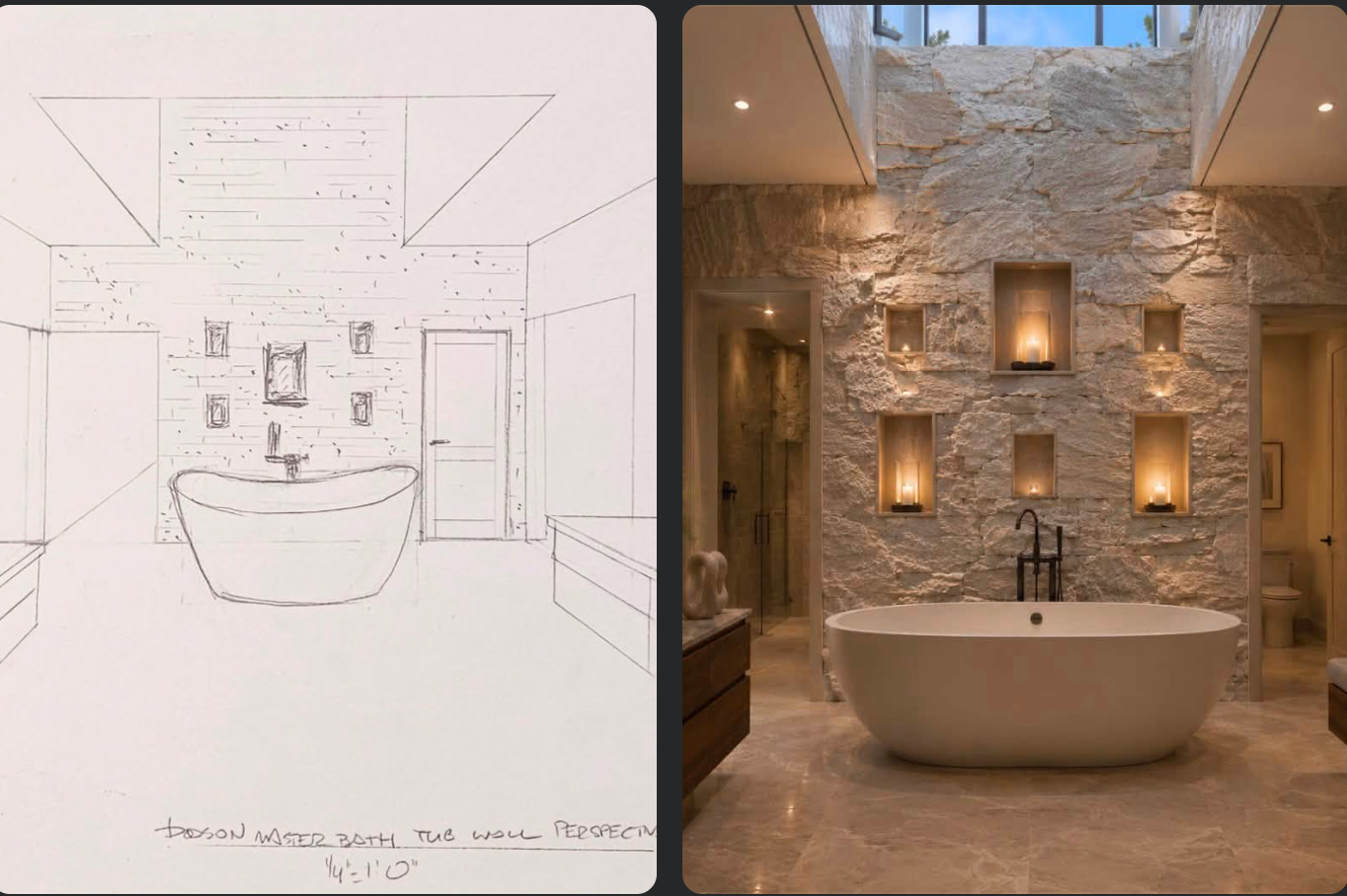 Original primary bath drawing beside its corresponding conceptual rendering