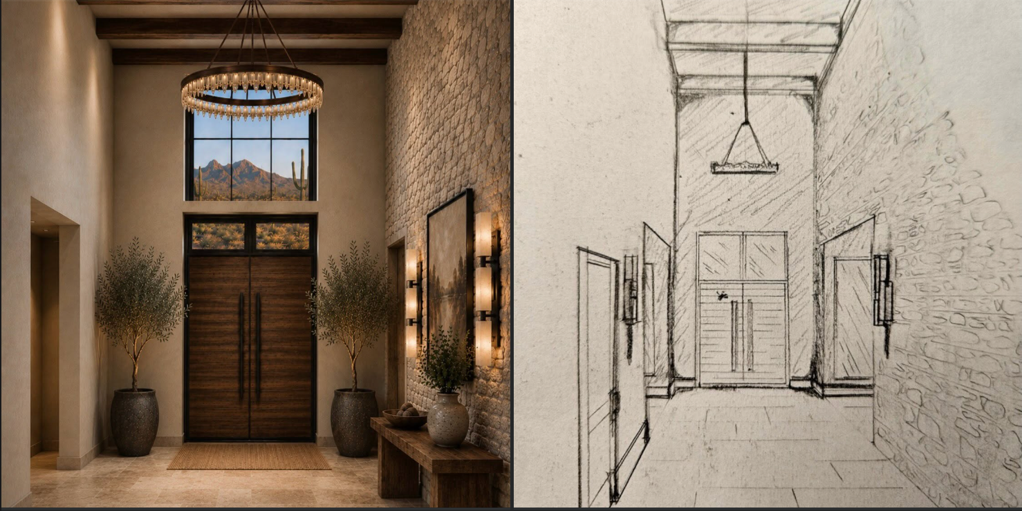 Foyer conceptual rendering beside its corresponding original drawing