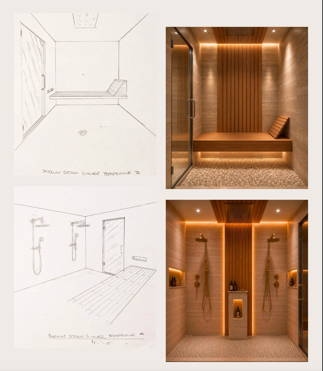 Two original steam shower drawings beside their corresponding conceptual renderings