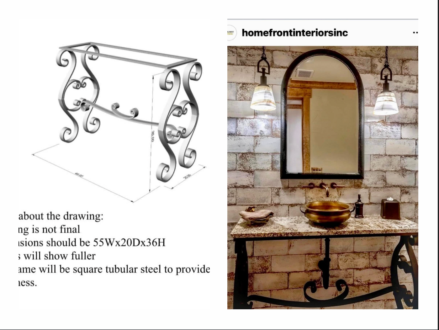Powder room console fabrication drawing beside the finished design
