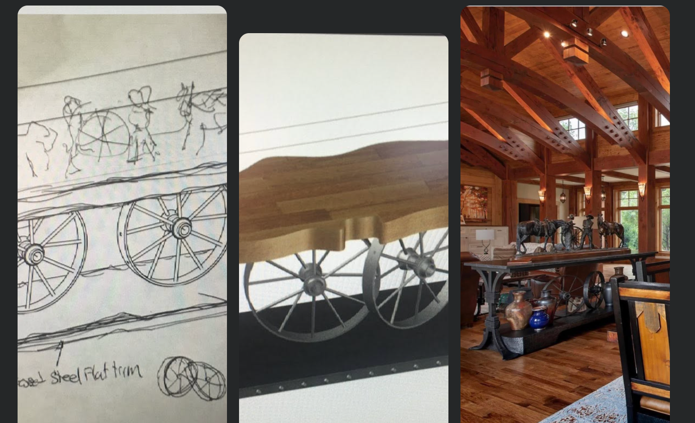 Great room console shown as an original sketch, fabrication study, and finished design