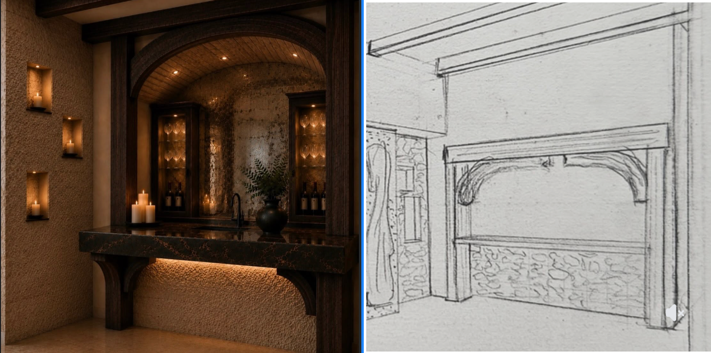 Wine bar conceptual rendering beside its corresponding original drawing