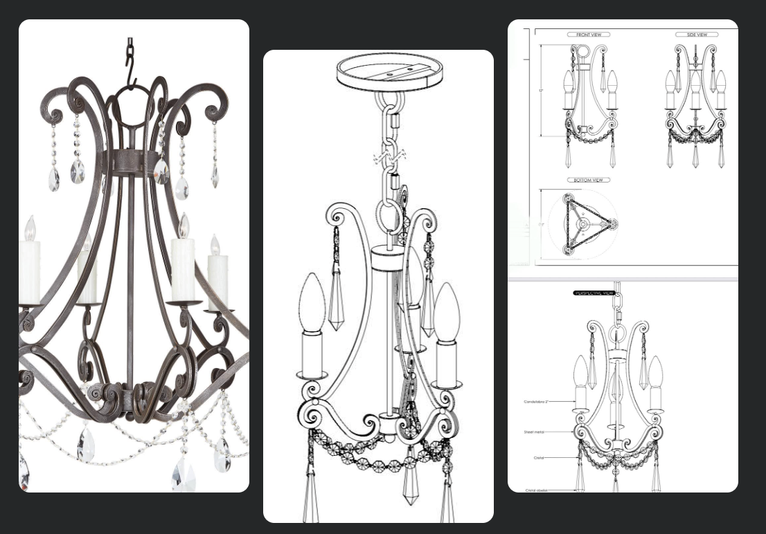 Custom chandelier design reference and fabrication drawings